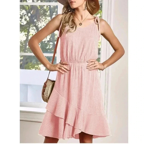 🆕Blush-Pink Tie-Strap Tulip-Hem Blouson Dress S🆕 - Picture 3 of 13